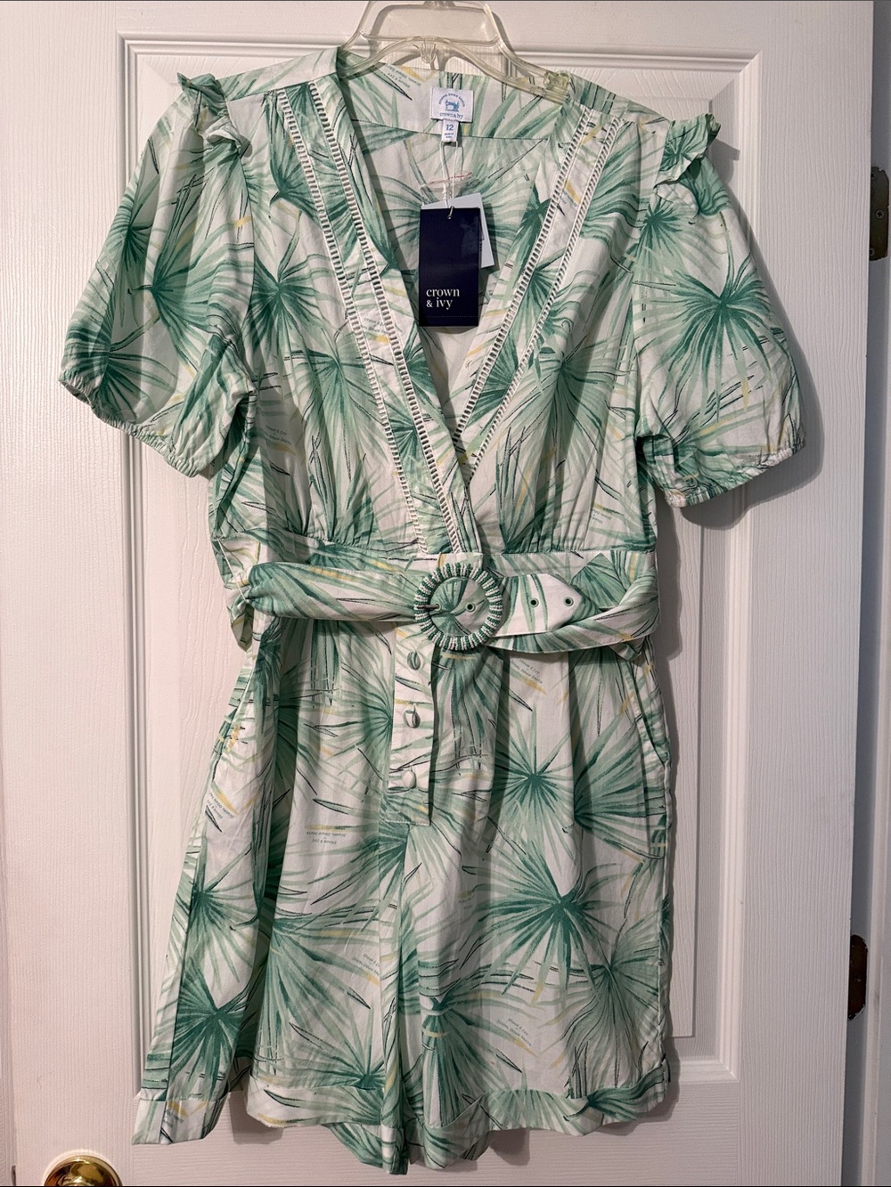 crown & ivy White and Green Palm-Print Romper with Belt